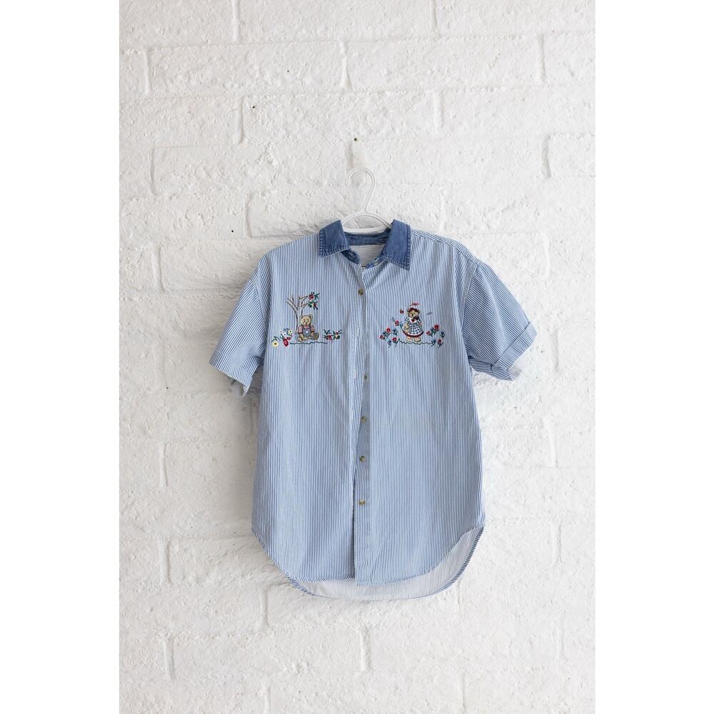 Vintage Teddy Bear Embroidered Striped Button Up Shirt Denim Collar Cottagecore